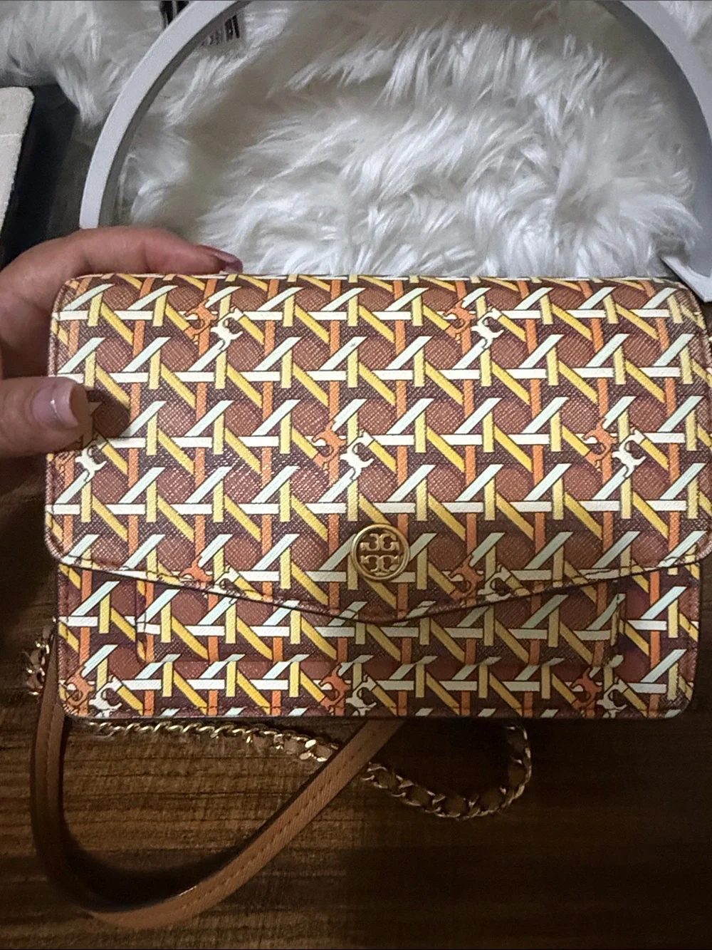 Tory Burch Geometric Print Chain Crossbody in Brown and Yellow